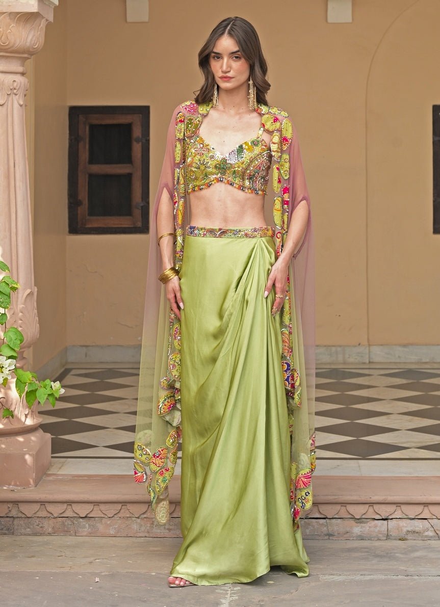 Juhi Bengani Green And Pink Satin Cowl Skirt Set With CapeFabilicious Fashion