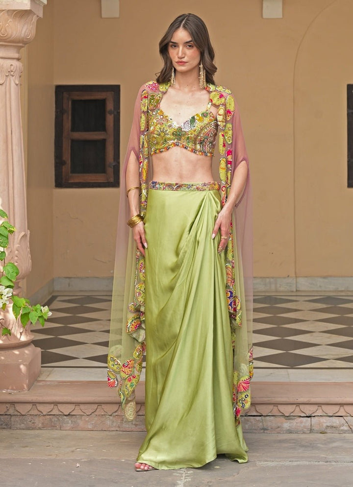 Juhi Bengani Green And Pink Satin Cowl Skirt Set With CapeFabilicious Fashion
