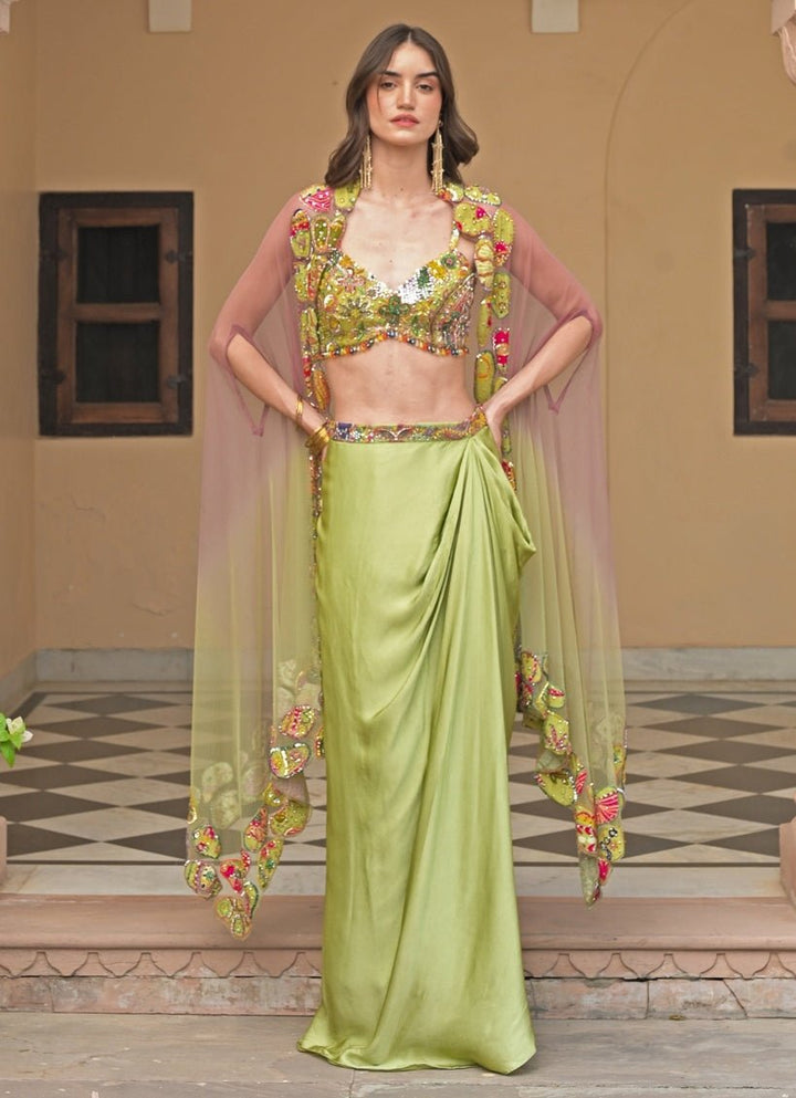 Juhi Bengani Green And Pink Satin Cowl Skirt Set With CapeFabilicious Fashion
