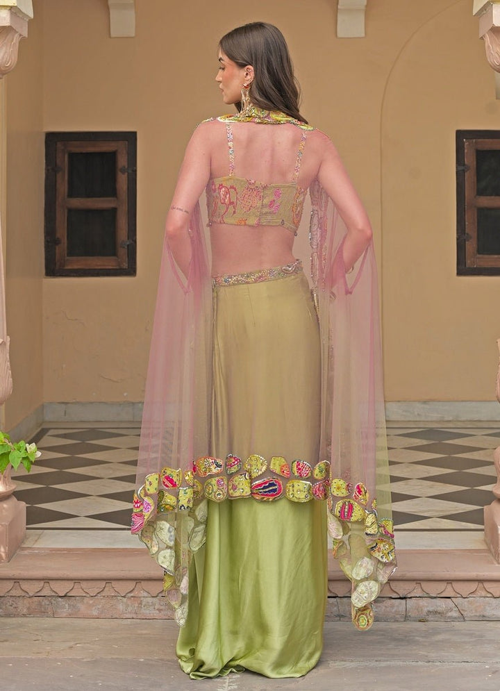Juhi Bengani Green And Pink Satin Cowl Skirt Set With CapeFabilicious Fashion
