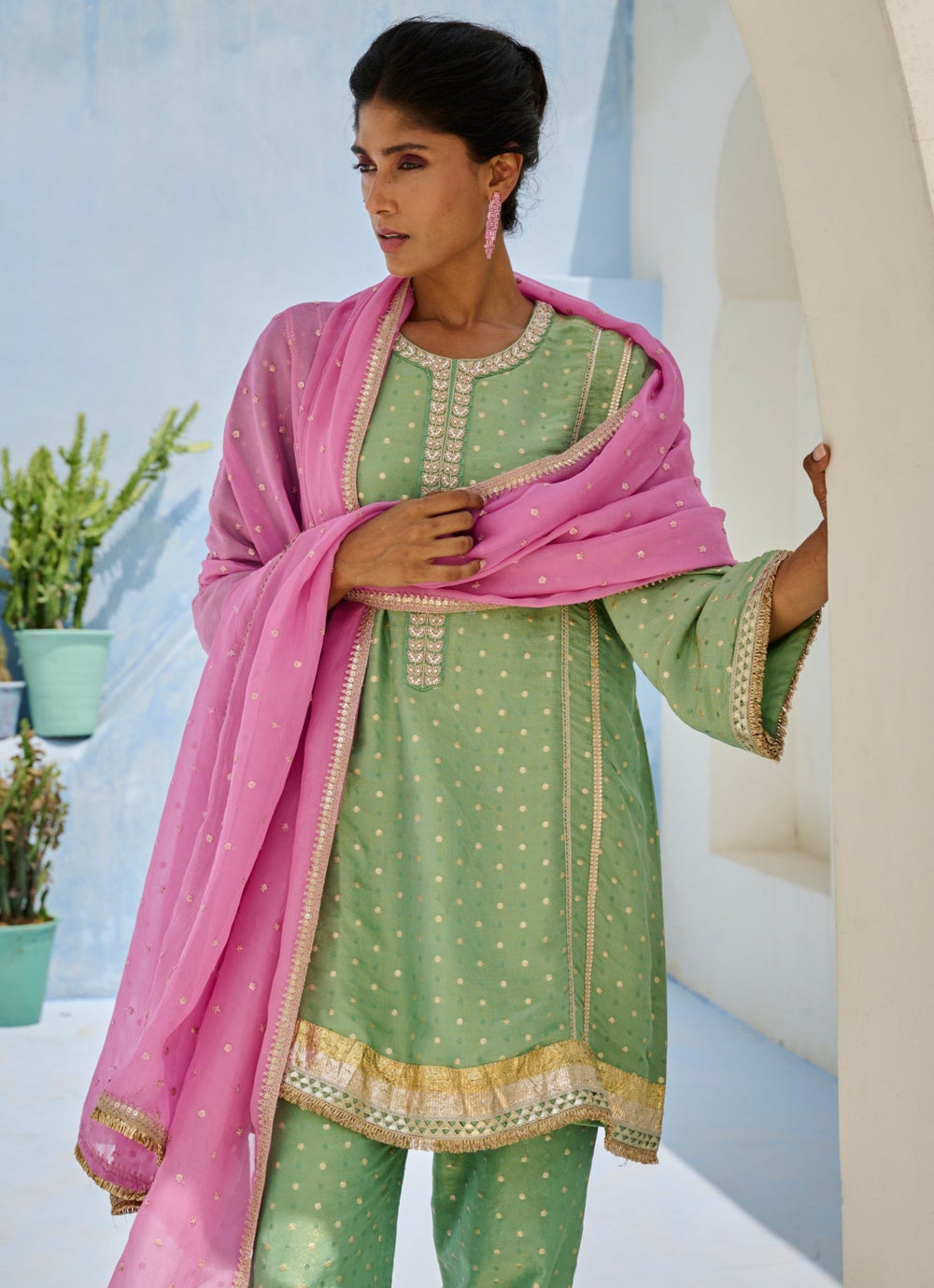 Green And Pink Silk Kurta Pant Set Chamee and Palak - Fabilicious Fashion