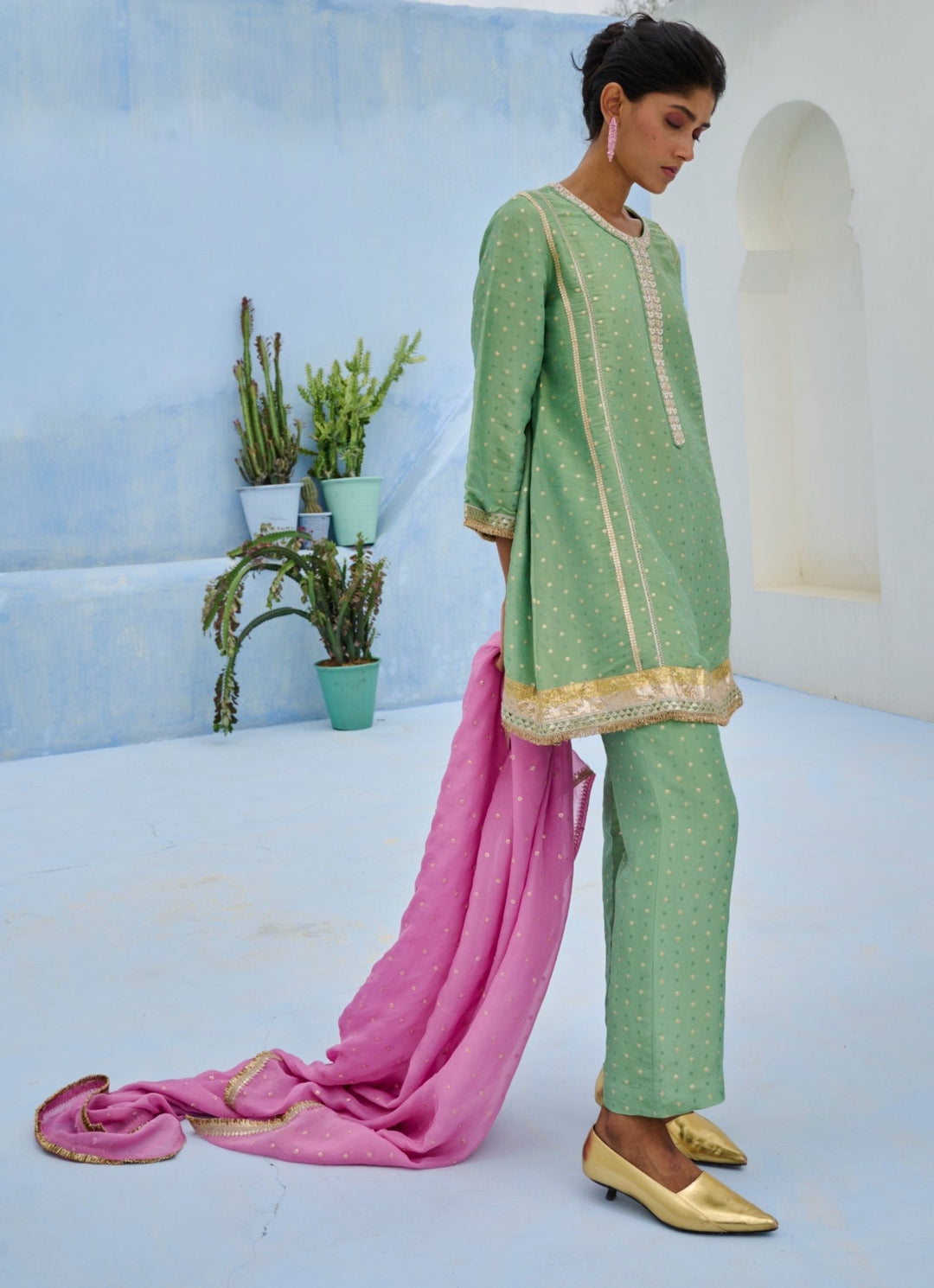 Green And Pink Silk Kurta Pant Set Chamee and Palak - Fabilicious Fashion