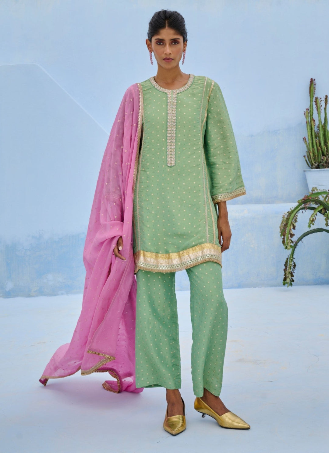 Green And Pink Silk Kurta Pant Set Chamee and Palak - Fabilicious Fashion