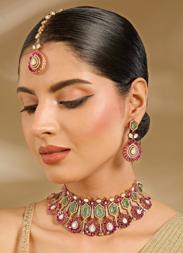 Green And Pink Stone Gold Plated Choker Necklace Set