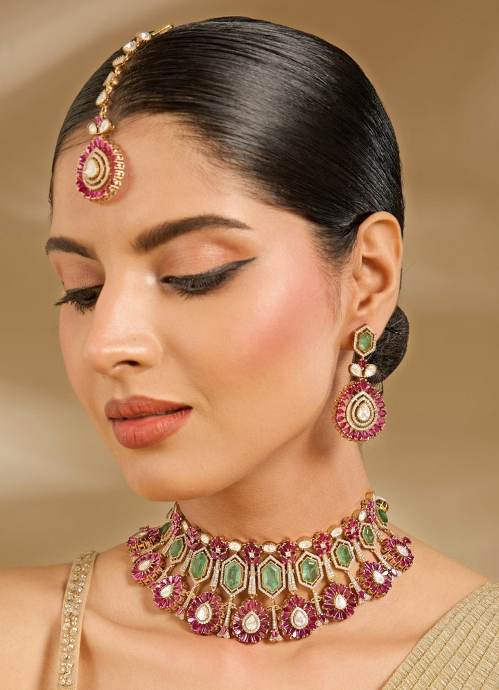 Green And Pink Stone Gold Plated Choker Necklace Set Vivinia By Vidhi Mehra - Fabilicious Fashion