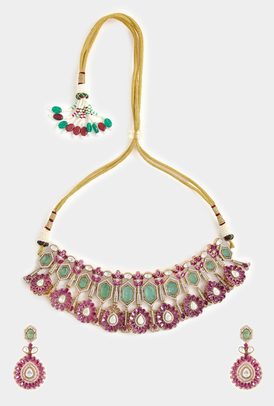 Green And Pink Stone Gold Plated Choker Necklace Set Vivinia By Vidhi Mehra - Fabilicious Fashion
