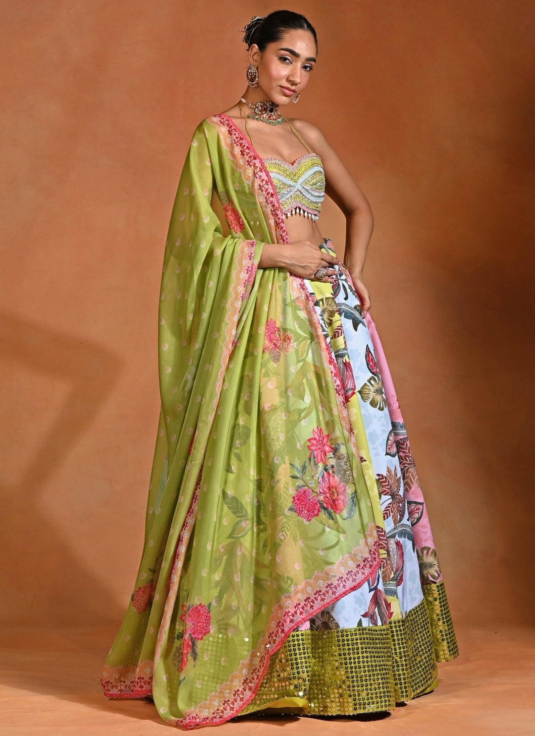 Rishi and Vibhuti Green And Powder Blue Crepe Lehenga SetFabilicious Fashion