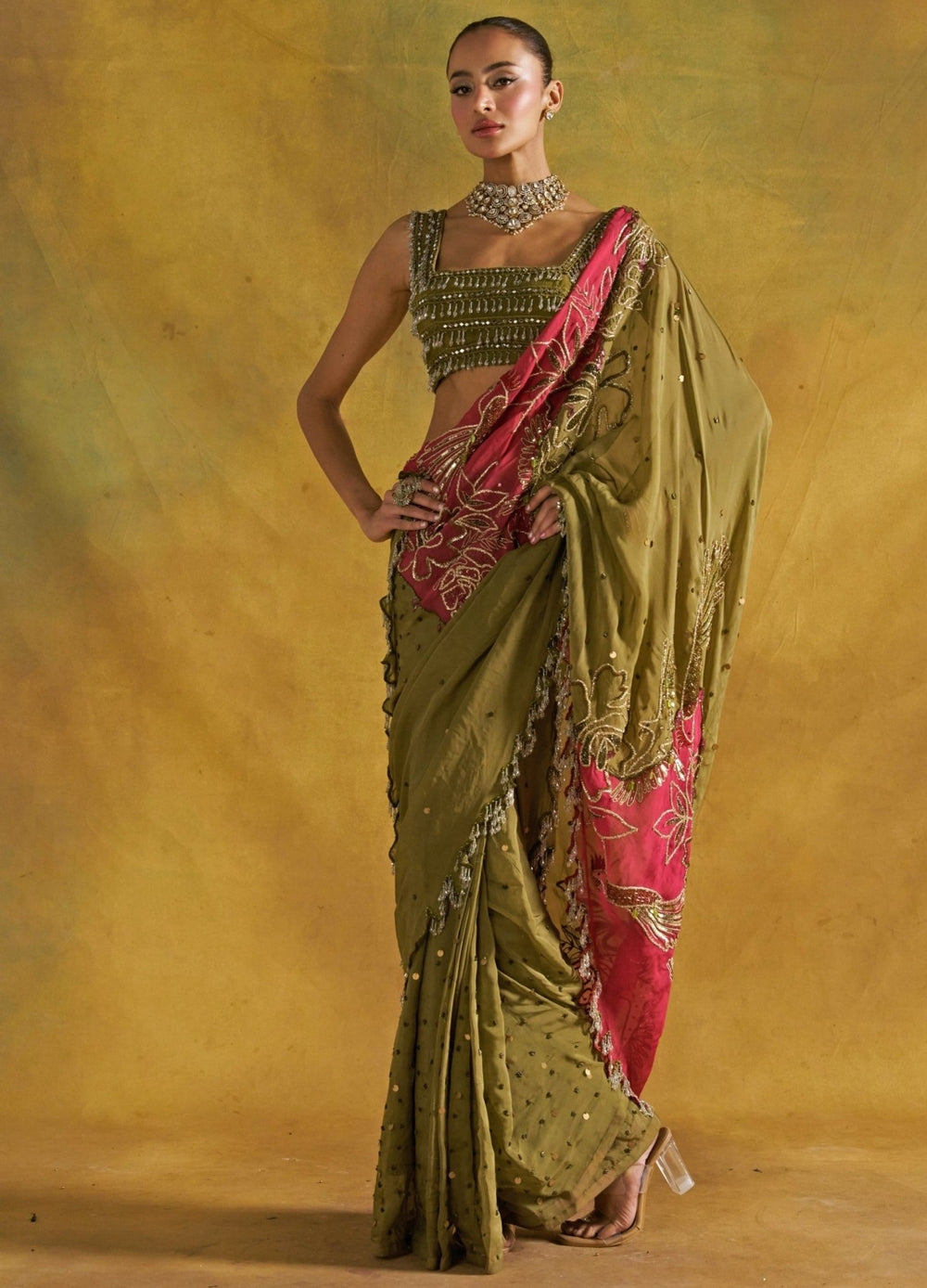 Rishi and Vibhuti Green And Red Organza SareeFabilicious Fashion