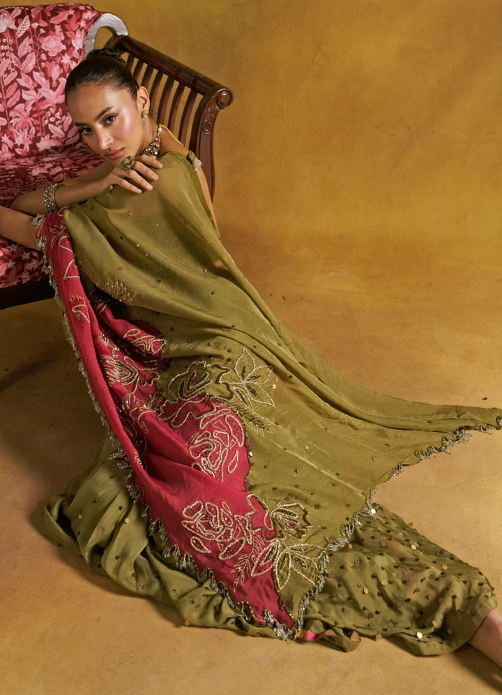 Rishi and Vibhuti Green And Red Organza SareeFabilicious Fashion