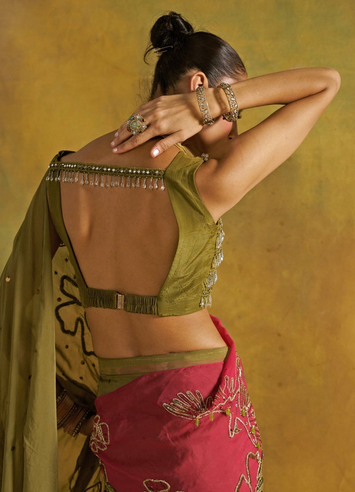Rishi and Vibhuti Green And Red Organza SareeFabilicious Fashion