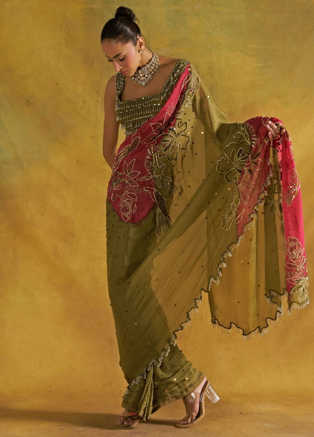 Rishi and Vibhuti Green And Red Organza SareeFabilicious Fashion