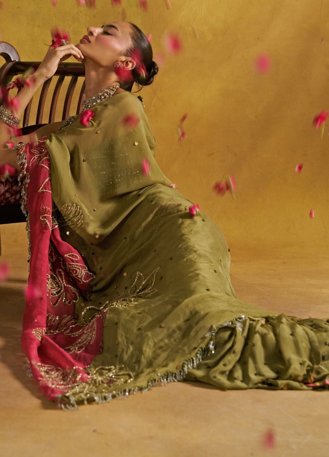 Rishi and Vibhuti Green And Red Organza SareeFabilicious Fashion