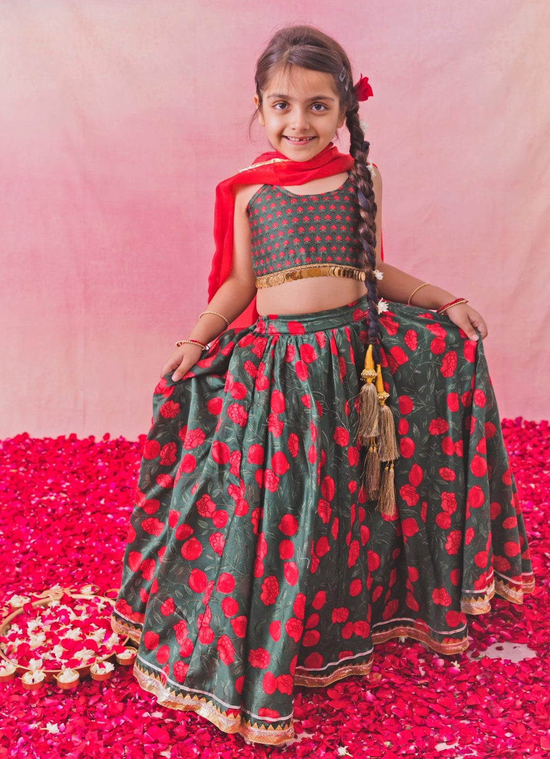 Green And Red Printed Georgette Lehenga Set Chotibuti - Fabilicious Fashion