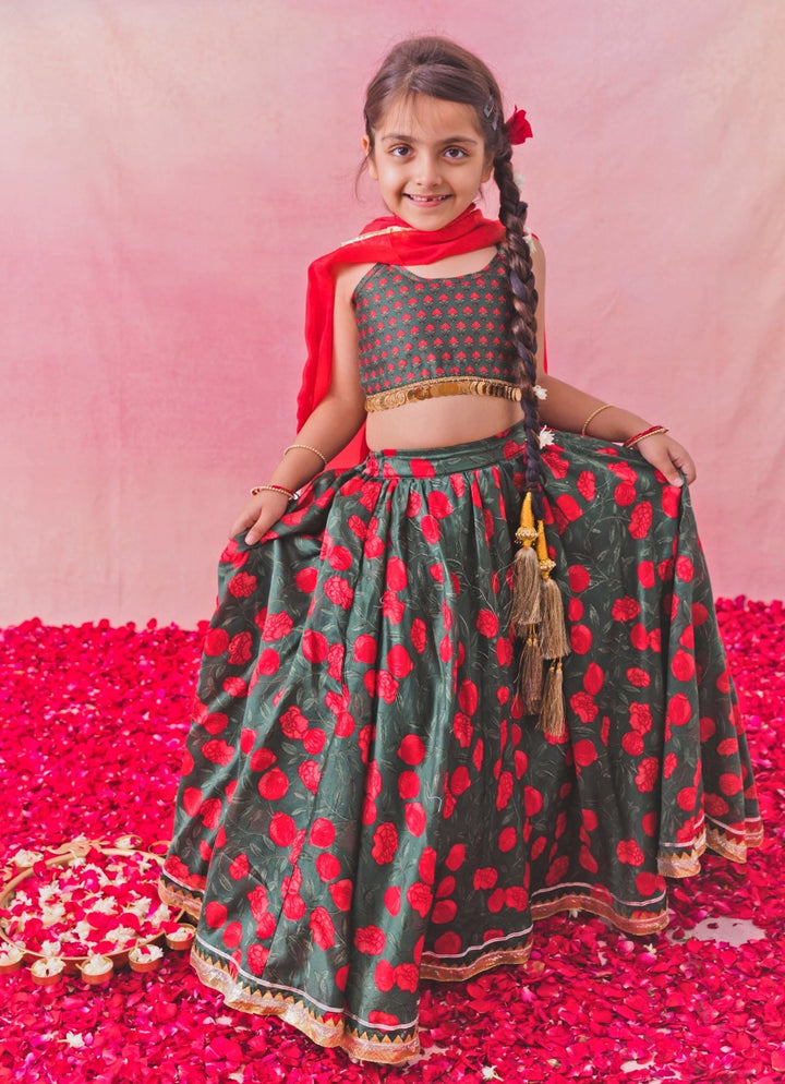 Green And Red Printed Georgette Lehenga Set Chotibuti - Fabilicious Fashion