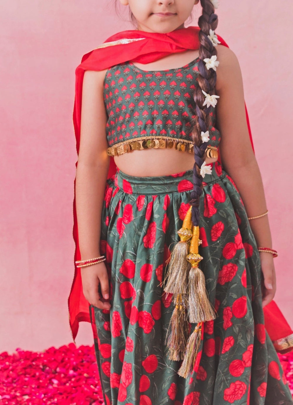 Green And Red Printed Georgette Lehenga Set Chotibuti - Fabilicious Fashion