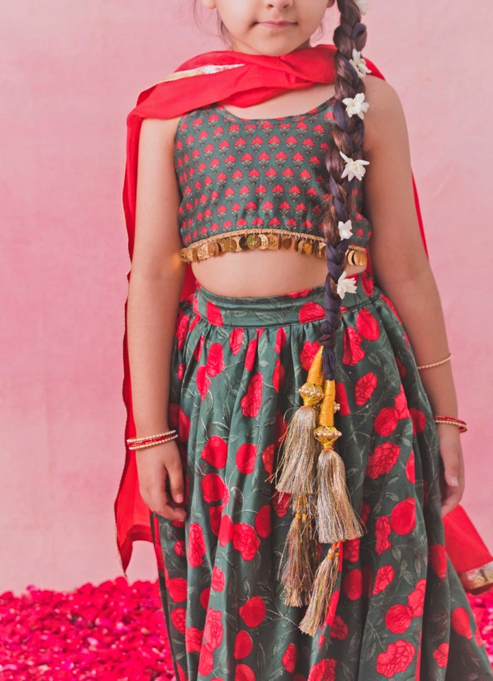 Green And Red Printed Georgette Lehenga Set Chotibuti - Fabilicious Fashion