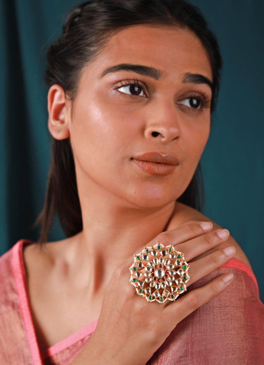 Green And Red Stone Jadtar Ring Riana by Shikha Jindal - Fabilicious Fashion