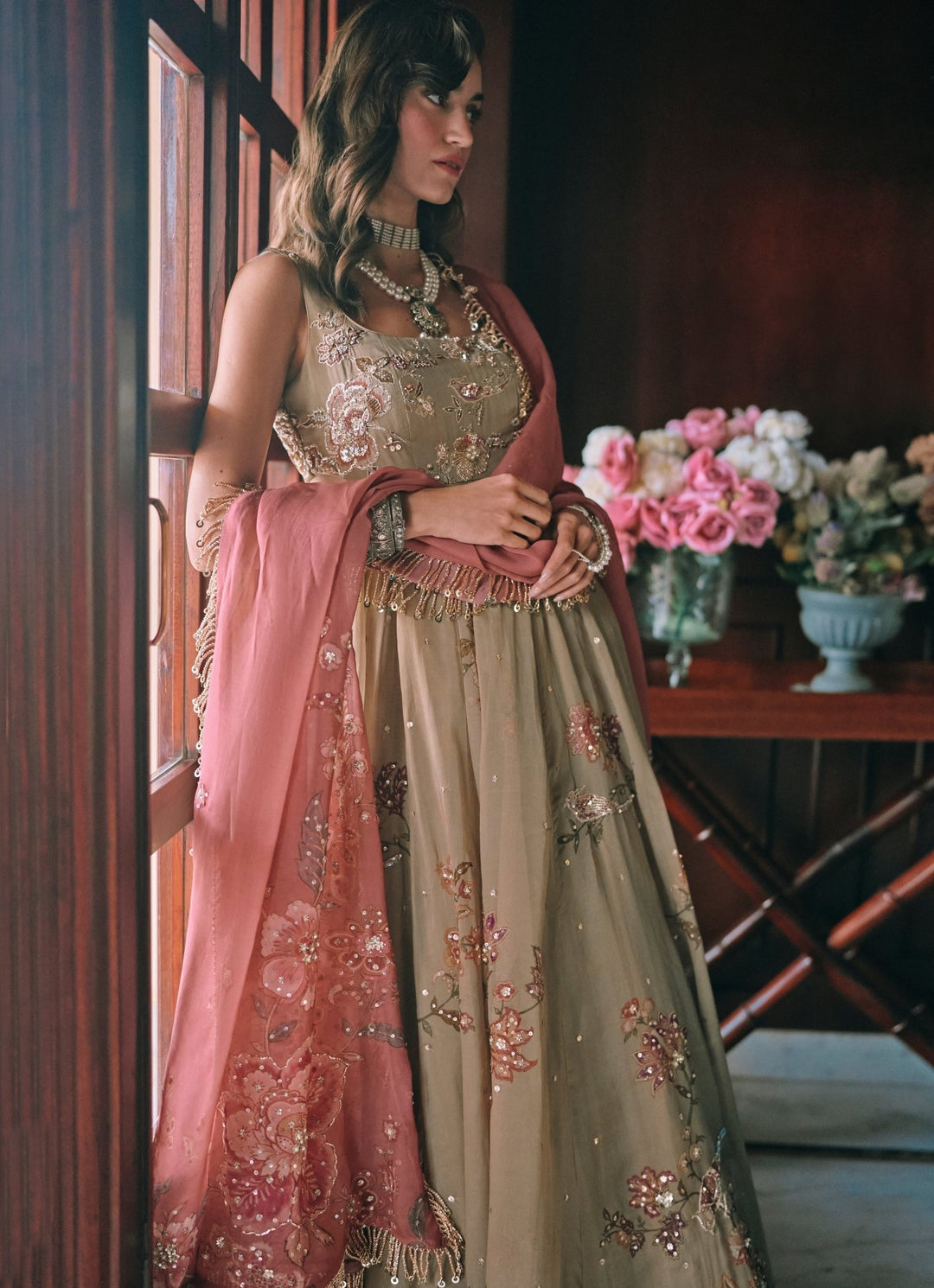 Paulmi and Harsh Green And Salmon Pink Printed Organza Anarkali SetFabilicious Fashion