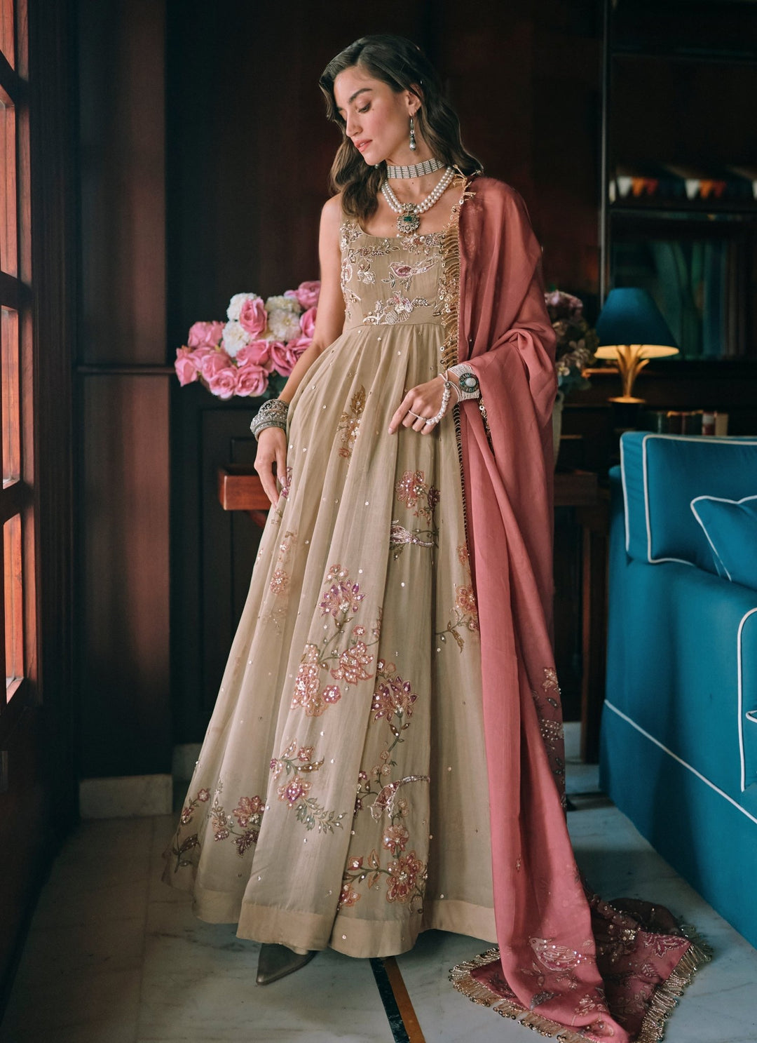 Paulmi and Harsh Green And Salmon Pink Printed Organza Anarkali SetFabilicious Fashion