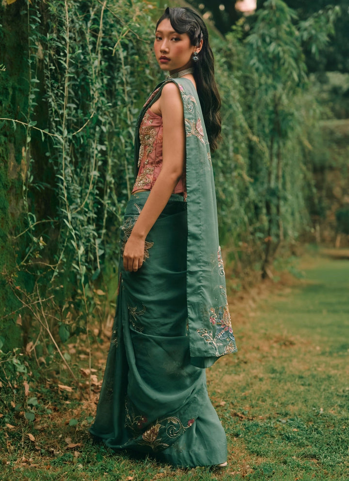 Paulmi and Harsh Green And Salmon Pink Printed Organza Saree With CorsetFabilicious Fashion