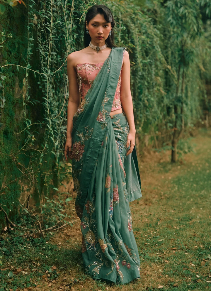 Paulmi and Harsh Green And Salmon Pink Printed Organza Saree With CorsetFabilicious Fashion