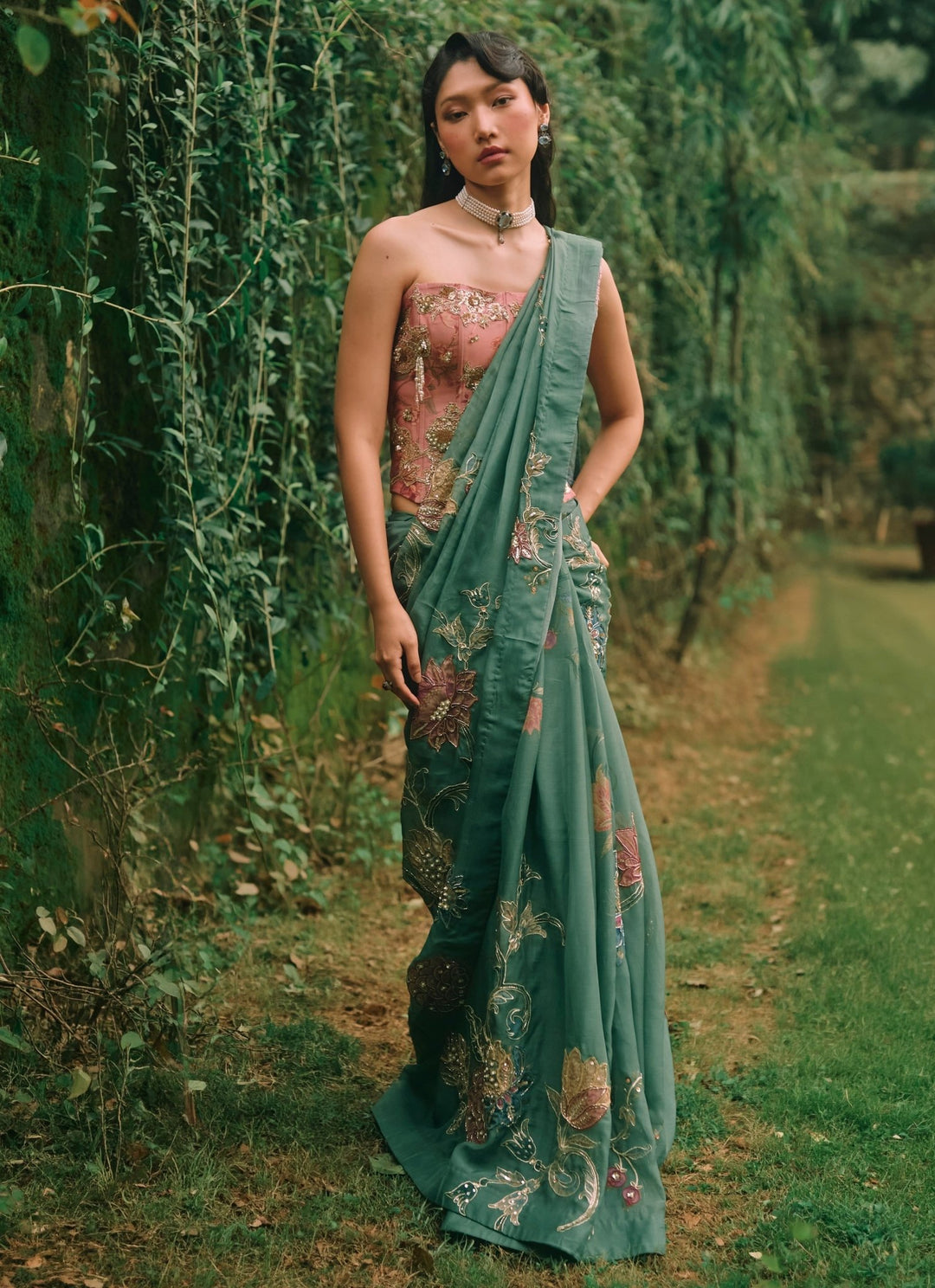 Paulmi and Harsh Green And Salmon Pink Printed Organza Saree With CorsetFabilicious Fashion