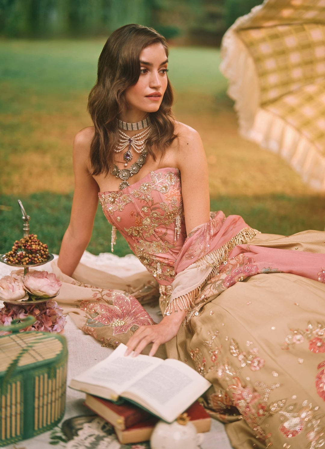 Paulmi and Harsh Green And Salmon Pink Printed Silk Corset Lehenga SetFabilicious Fashion