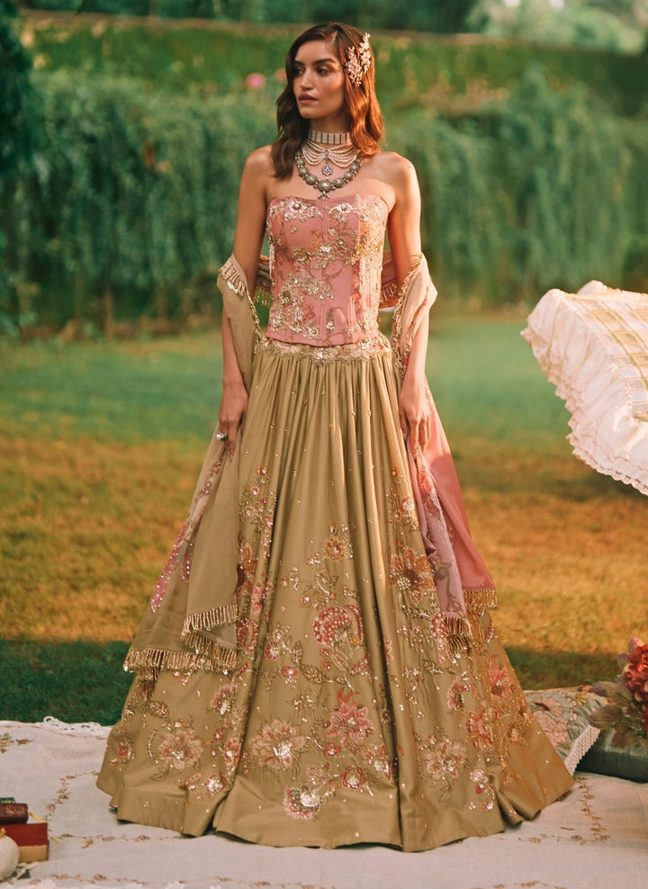 Paulmi and Harsh Green And Salmon Pink Printed Silk Corset Lehenga SetFabilicious Fashion