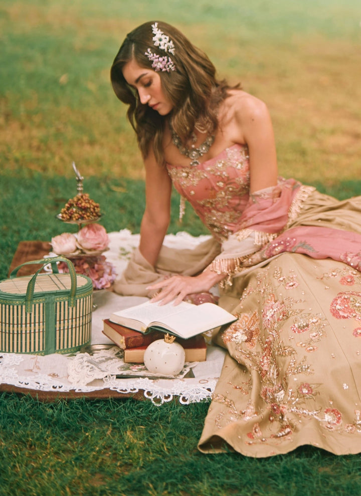 Paulmi and Harsh Green And Salmon Pink Printed Silk Corset Lehenga SetFabilicious Fashion