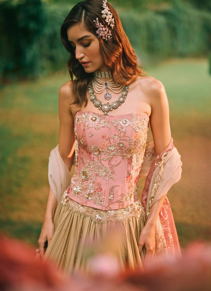 Paulmi and Harsh Green And Salmon Pink Printed Silk Corset Lehenga SetFabilicious Fashion