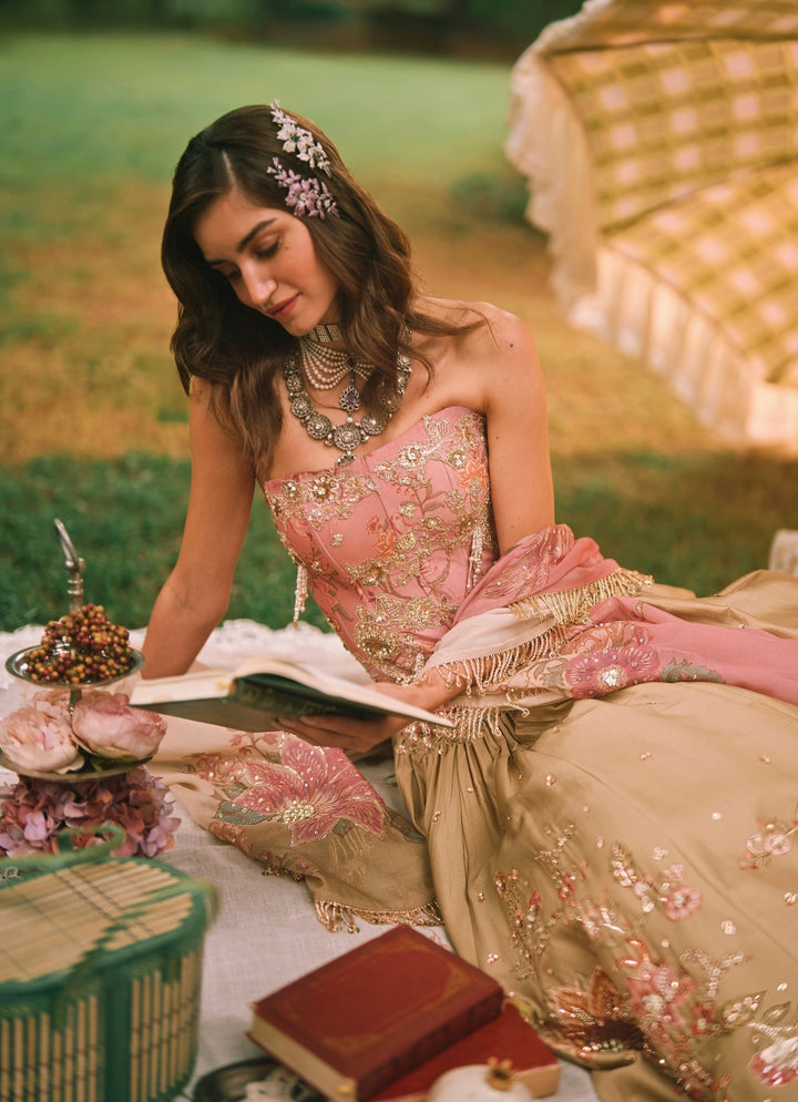Paulmi and Harsh Green And Salmon Pink Printed Silk Corset Lehenga SetFabilicious Fashion