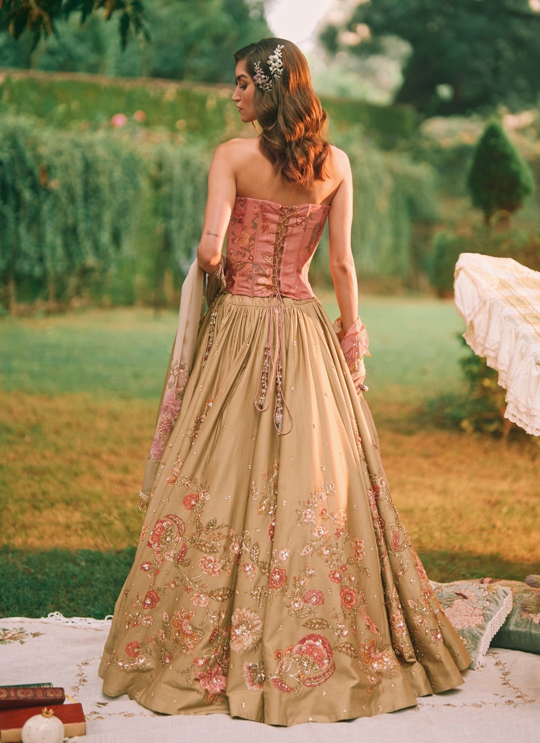Paulmi and Harsh Green And Salmon Pink Printed Silk Corset Lehenga SetFabilicious Fashion