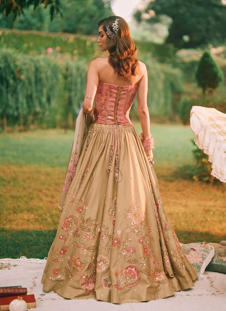 Paulmi and Harsh Green And Salmon Pink Printed Silk Corset Lehenga SetFabilicious Fashion