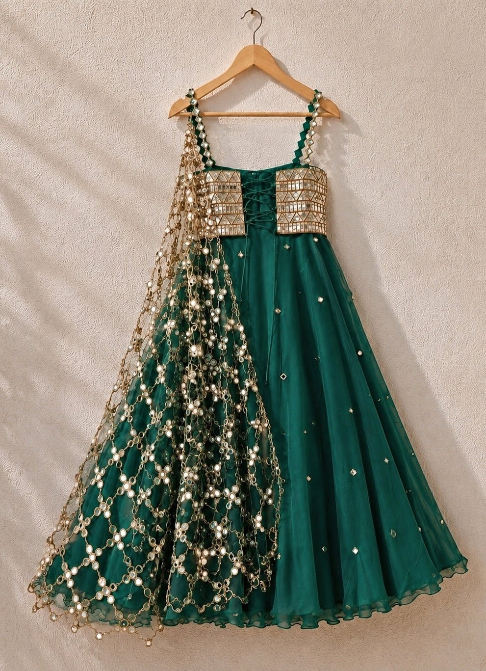 Anisha Shetty Green and Vintage Gold Organza Lehenga with Corset BlouseFabilicious Fashion