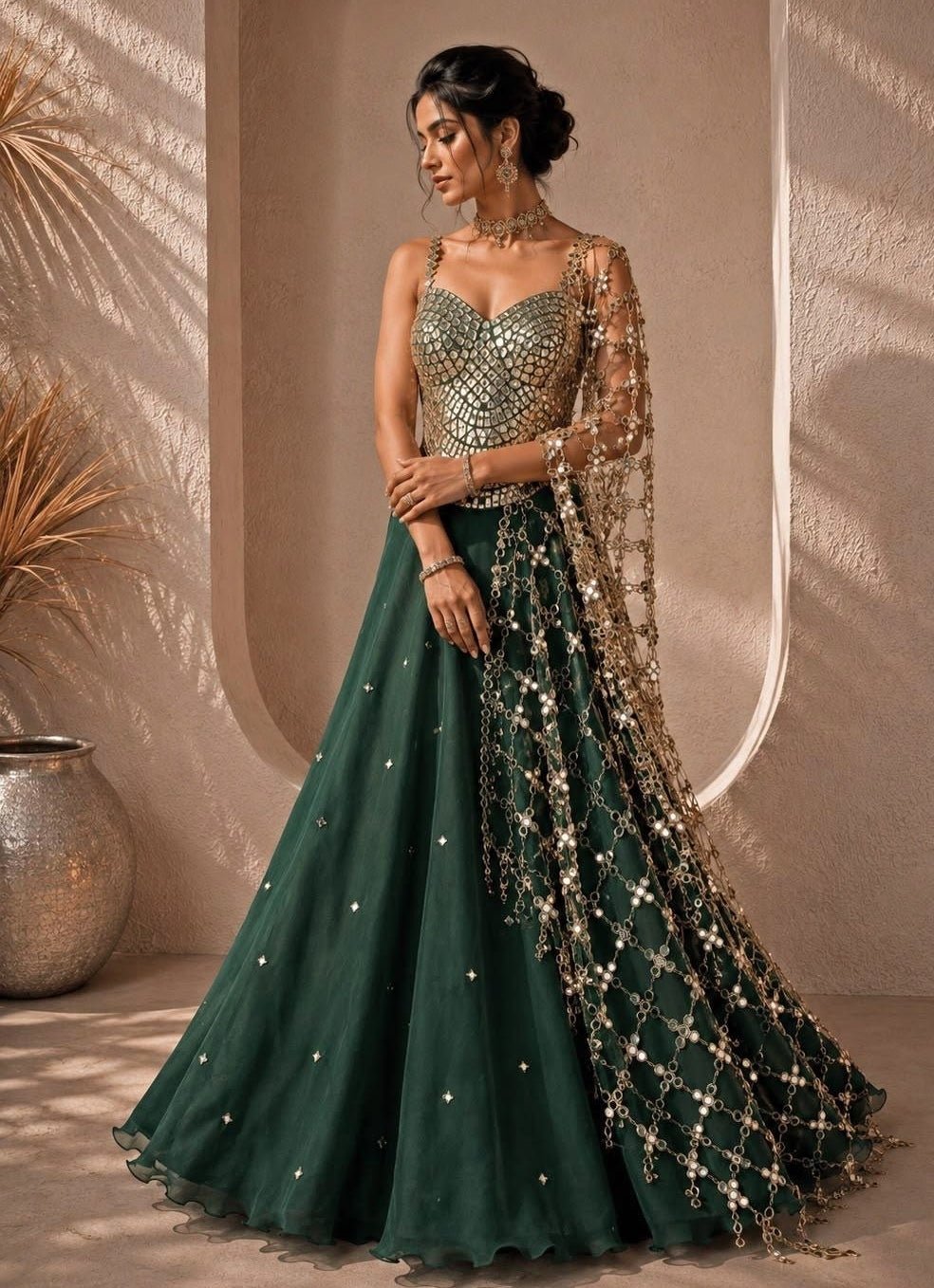 Anisha Shetty Green and Vintage Gold Organza Lehenga with Corset BlouseFabilicious Fashion
