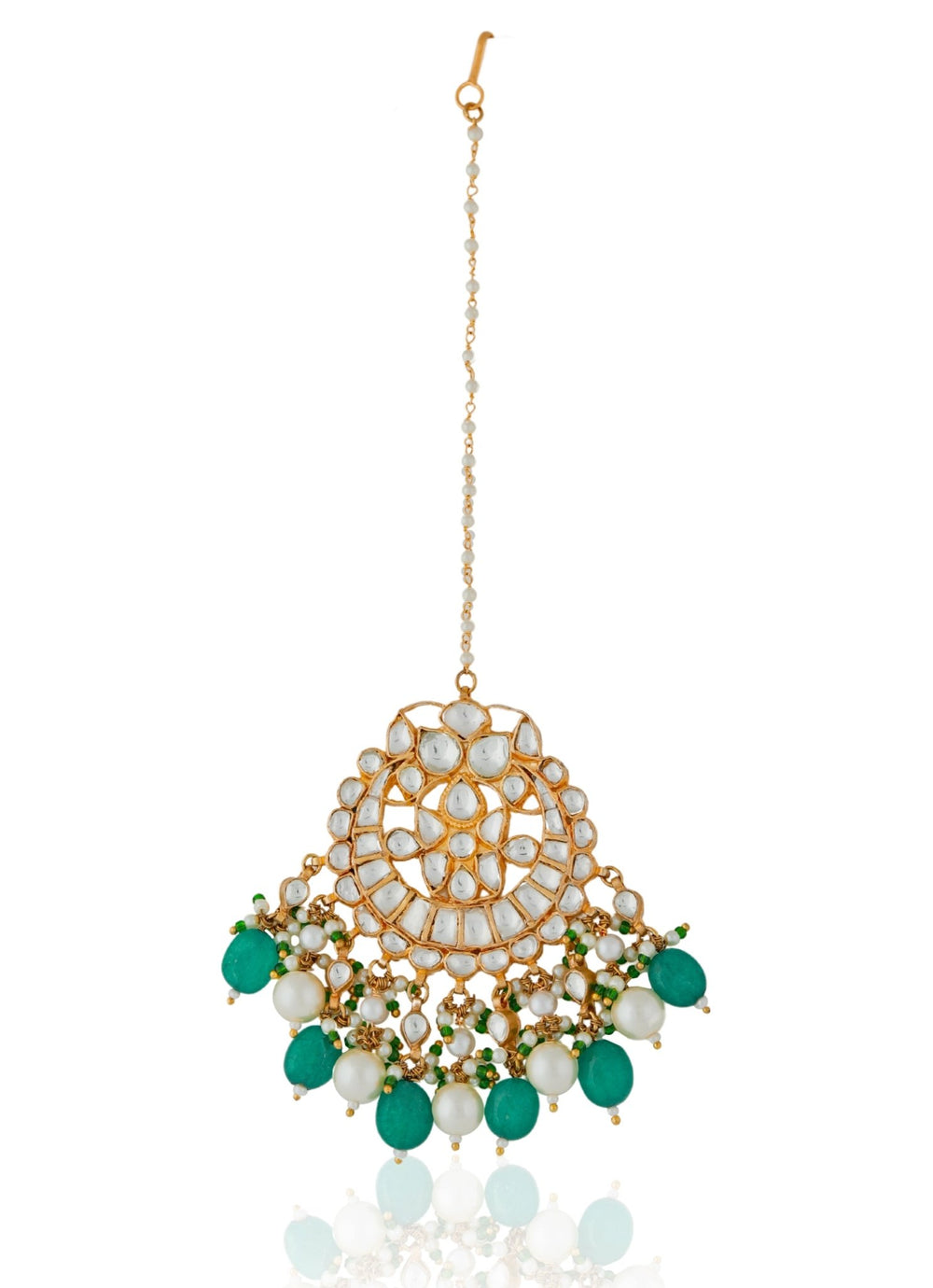 Green and White Beaded Maang Tikka Riana by Shikha Jindal - Fabilicious Fashion