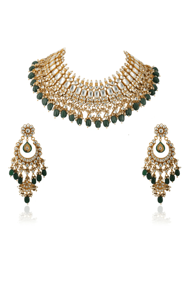 Green And White Choker Style Necklace Set Riana by Shikha Jindal - Fabilicious Fashion