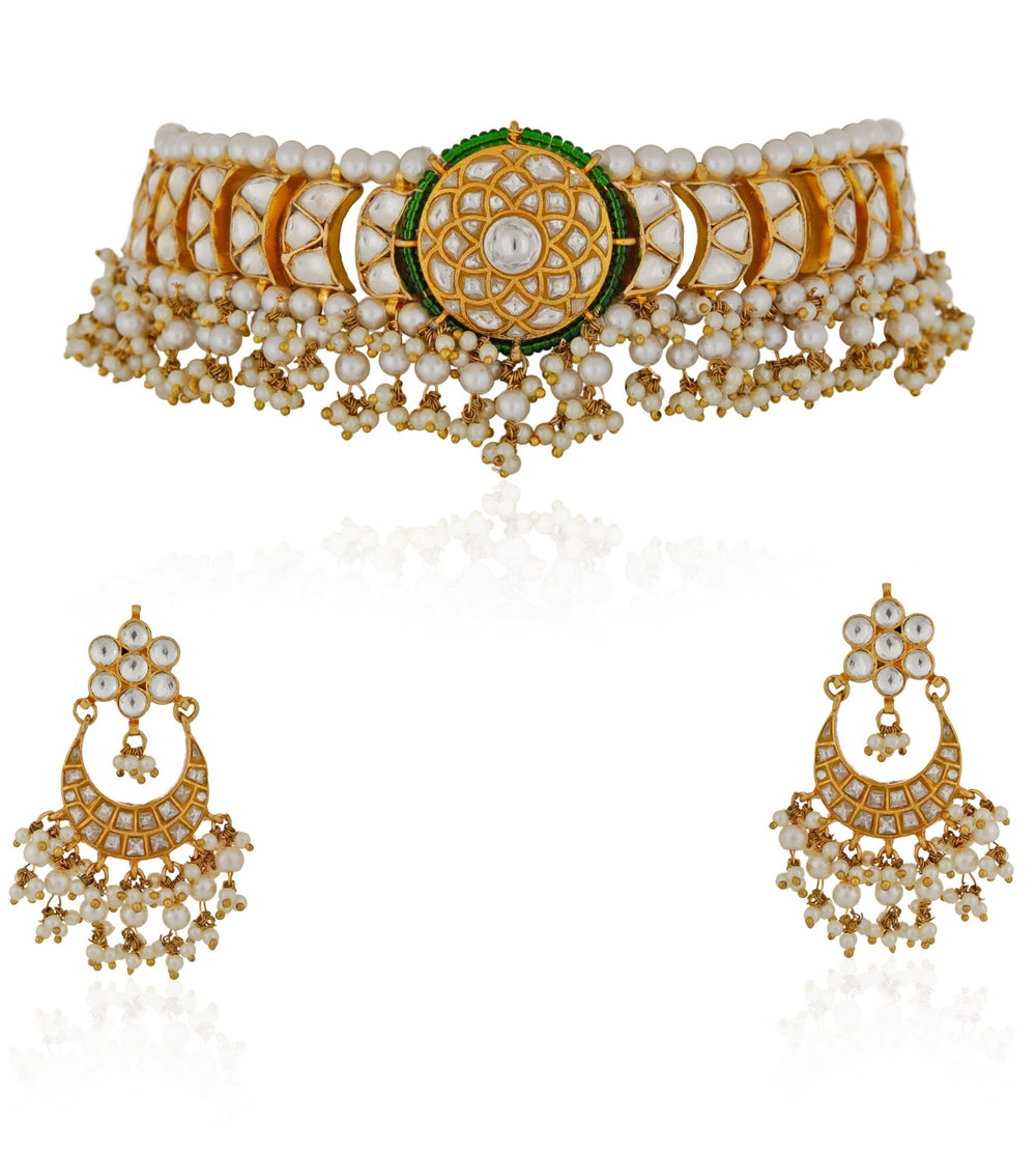 Green and White Jadtar Stone Choker Set Riana by Shikha Jindal - Fabilicious Fashion