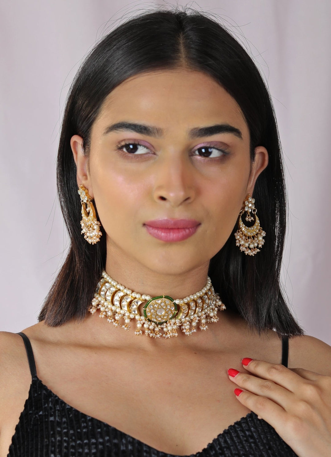 Green and White Jadtar Stone Choker Set Riana by Shikha Jindal - Fabilicious Fashion