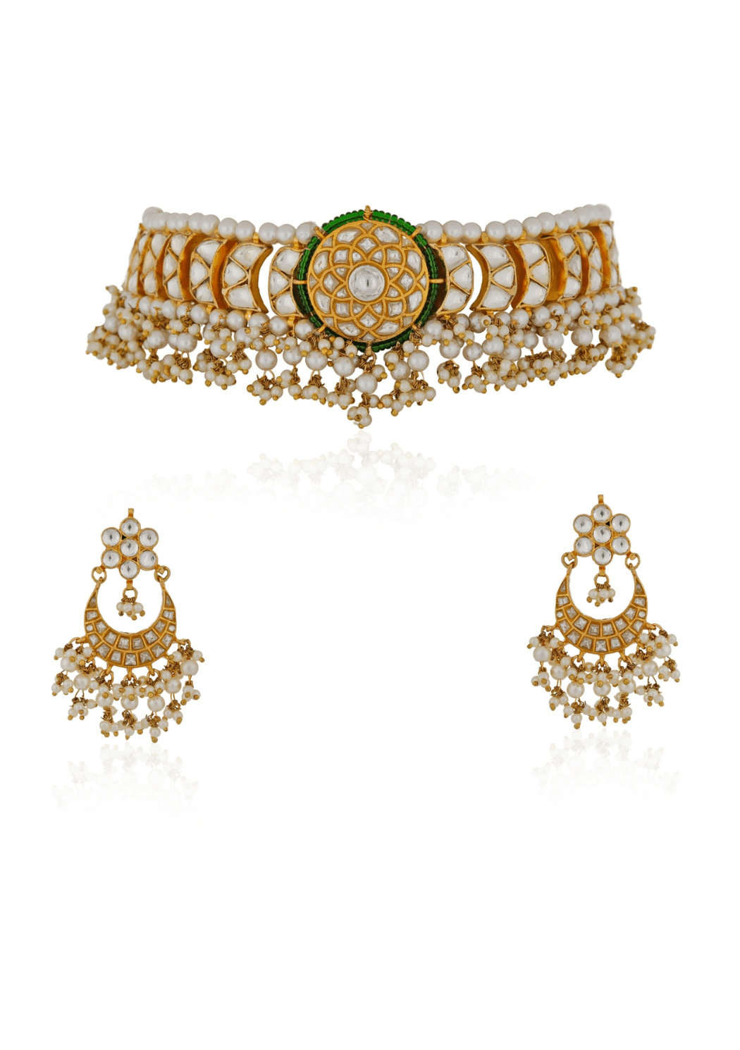 Green And White Jadtar Stone Choker Set Riana Jewellery - Fabilicious Fashion