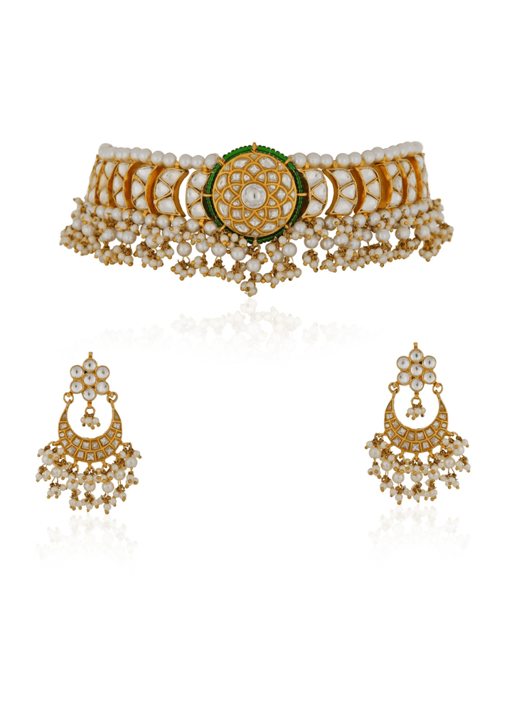 Green And White Jadtar Stone Choker Set Riana Jewellery - Fabilicious Fashion