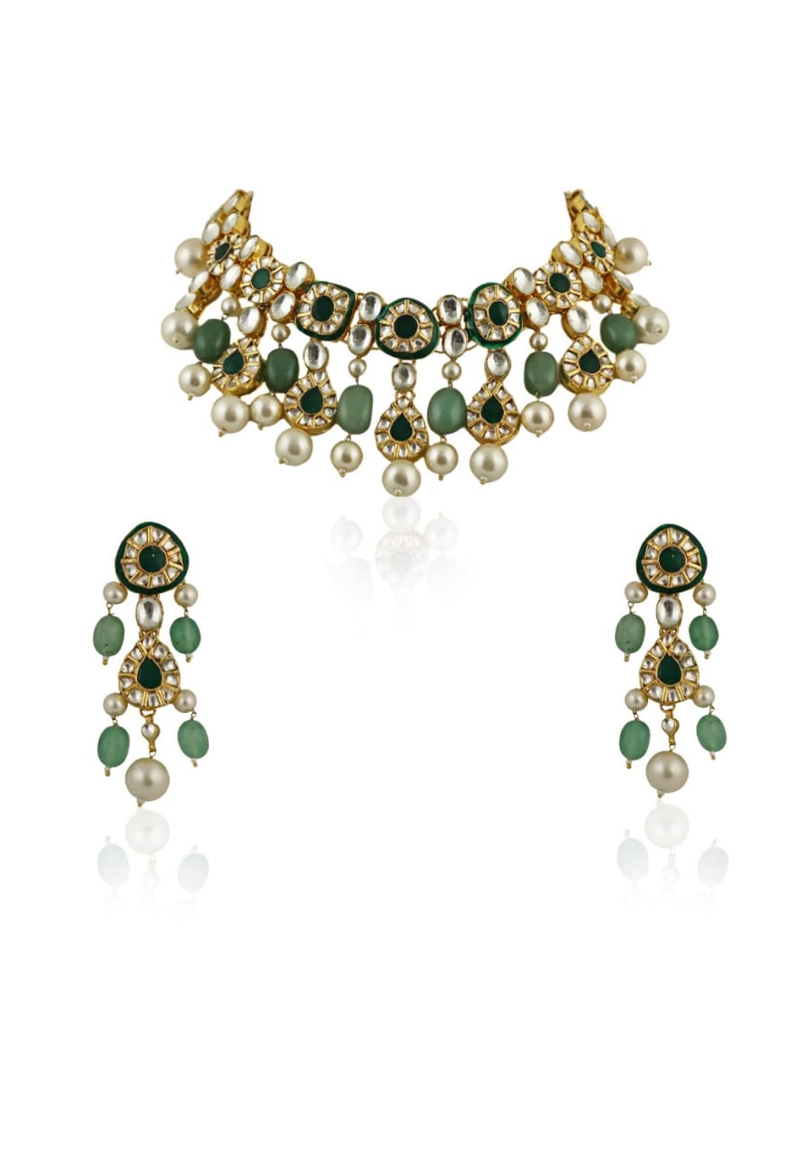 Green And White Jadtar Stone Necklace Set Riana Jewellery - Fabilicious Fashion