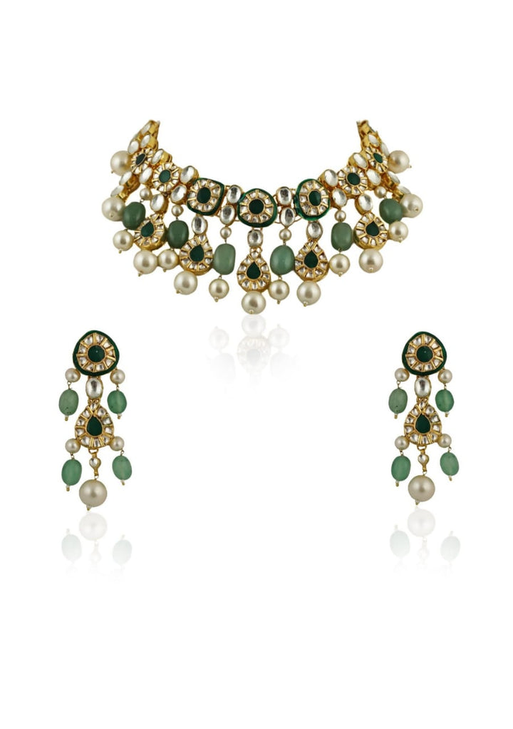 Green And White Jadtar Stone Necklace Set Riana Jewellery - Fabilicious Fashion