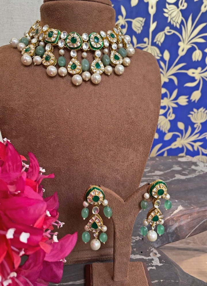 Green And White Jadtar Stone Necklace Set Riana Jewellery - Fabilicious Fashion