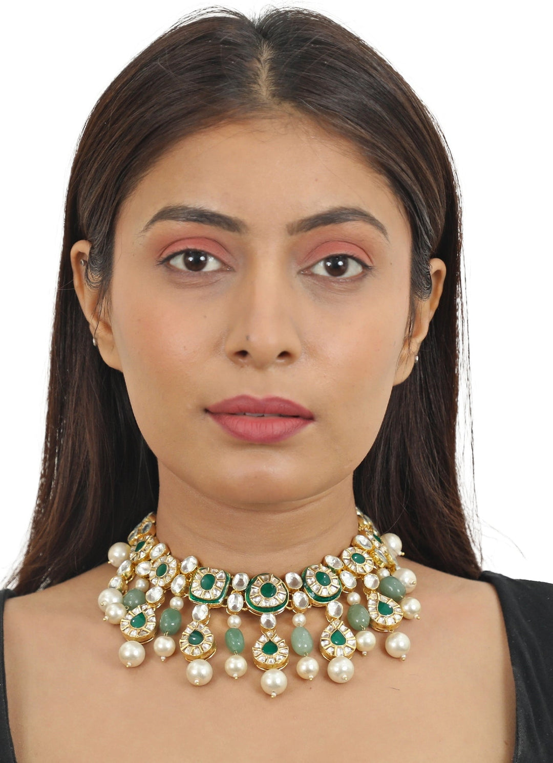 Green And White Jadtar Stone Necklace Set Riana Jewellery - Fabilicious Fashion