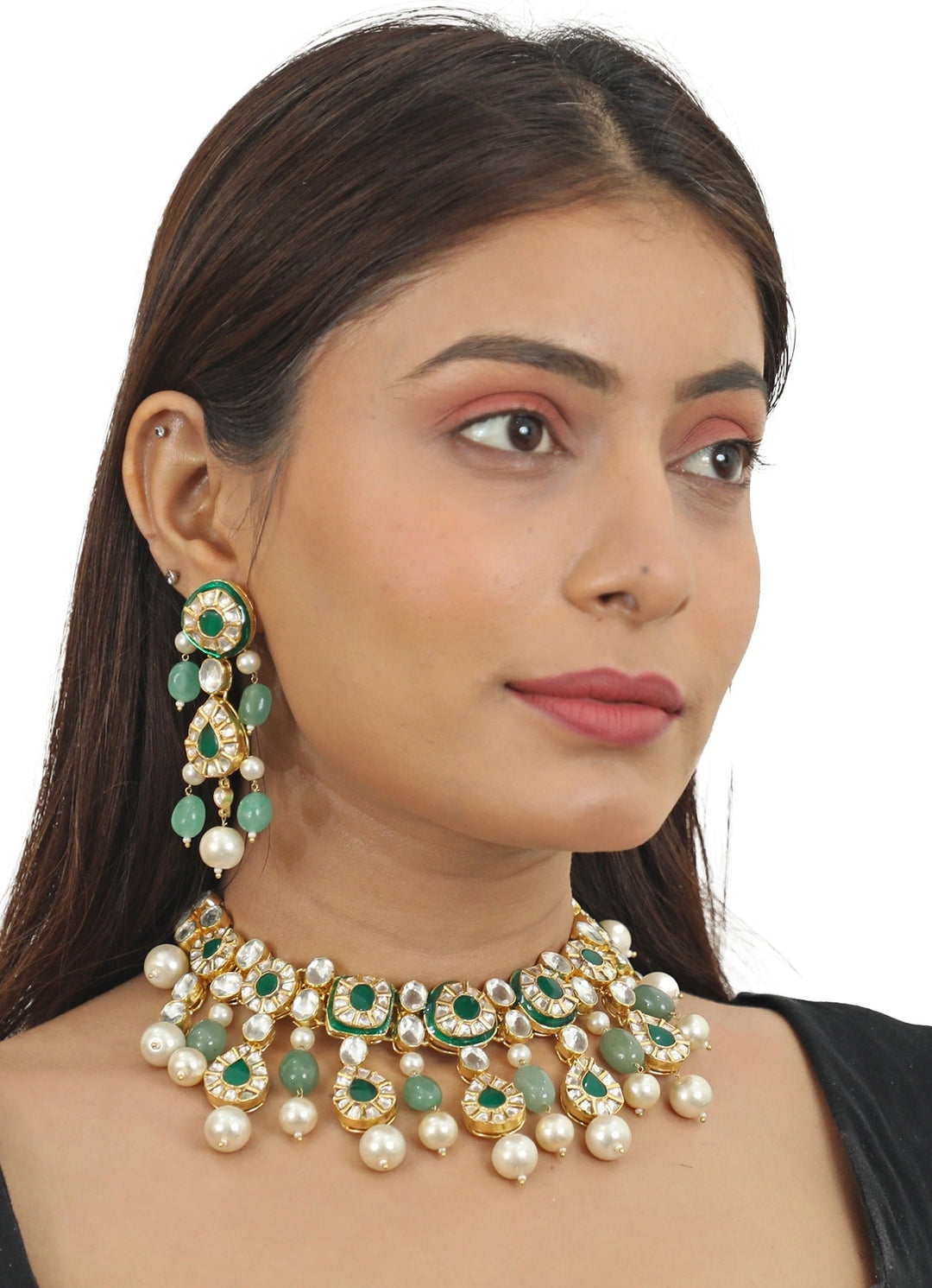 Green And White Jadtar Stone Necklace Set Riana Jewellery - Fabilicious Fashion