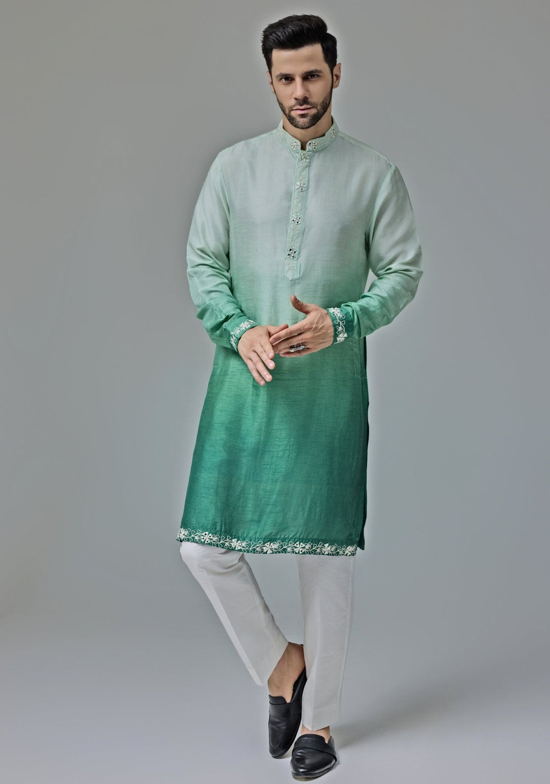 Green And White Ombre Mirror Embroidery Kurta Set Chatenya Mittal - Fabilicious Fashion