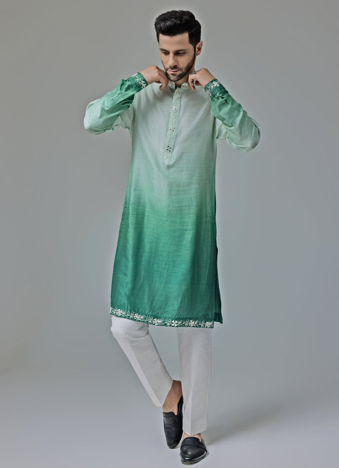 Green And White Ombre Mirror Embroidery Kurta Set Chatenya Mittal - Fabilicious Fashion