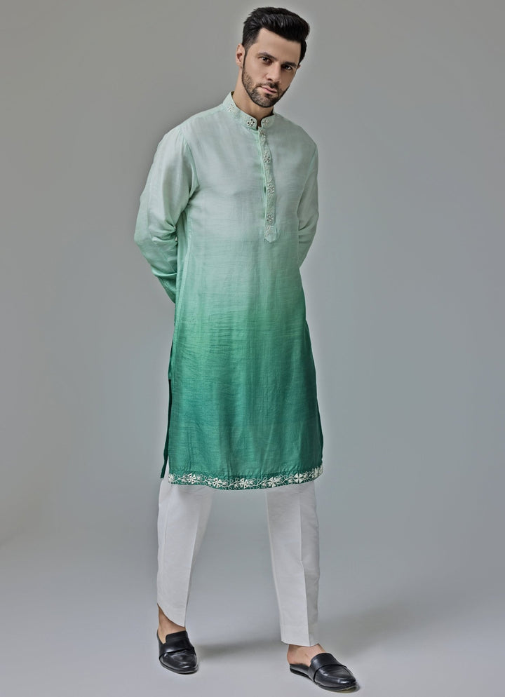 Green And White Ombre Mirror Embroidery Kurta Set Chatenya Mittal - Fabilicious Fashion