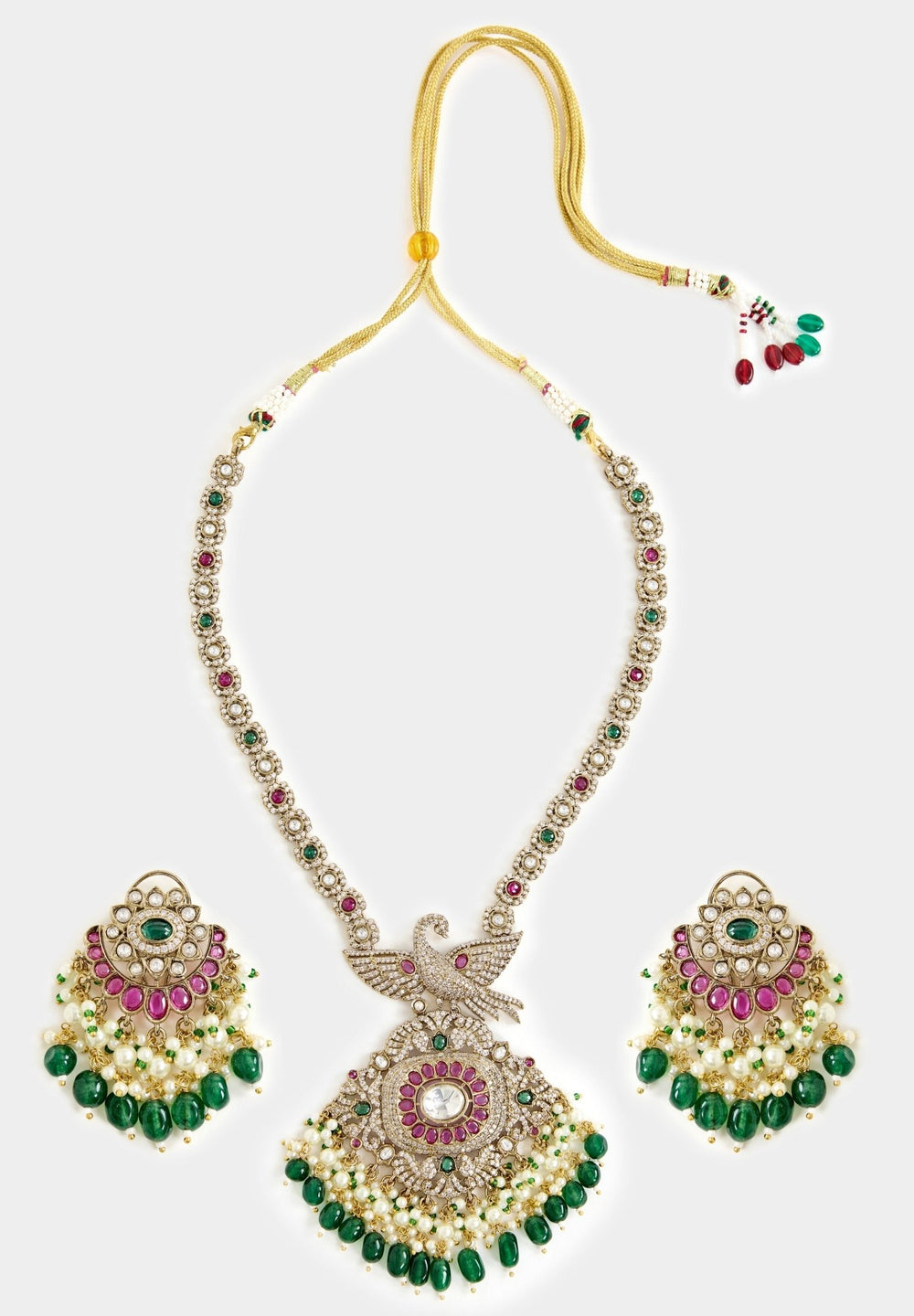 Green And White Stone Gold Plated Long Necklace Set Vivinia By Vidhi Mehra - Fabilicious Fashion